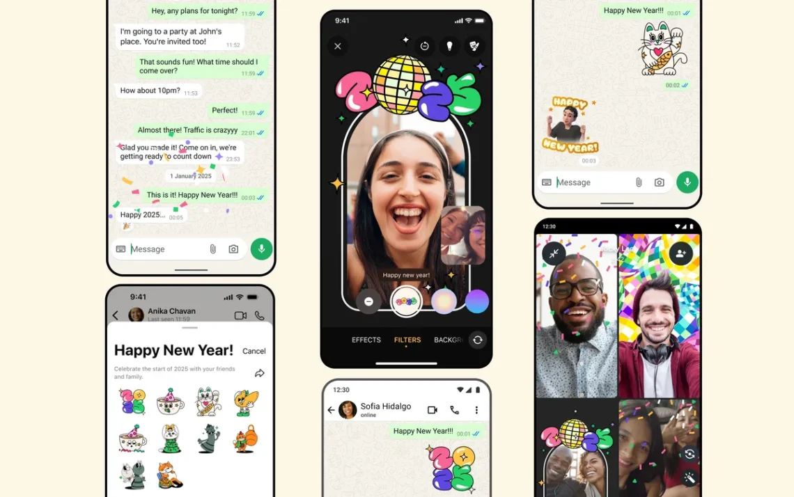 WhatsApp libera novos recursos para o Ano Novo — Foto: Divulgação Pacote de figurinhas de Ano Novo — Foto: Reprodução Filtro vídeochamada Ano Novo — Foto: Divulgação Reações de Ano Novo — Foto: Divulgação WhatsApp começa a liberar recurso que converte áudios em textos; veja como usar ChatGPT 'cria' voz do Papai Noel para interações por áudio e vídeo - Todos os direitos: © G1 - Tecnologia